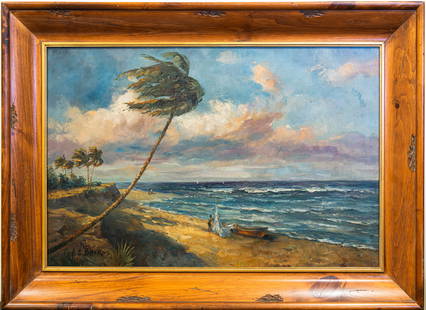 Albert Ernest (Beanie) Backus (Highwaymen 1906 - 1990) | Large Oil / Canvas: Subject: Florida landscape Medium: Oil Painting On Canvas Size: 24 x 36 inches Frame: 33 x 45 inches Condition: Great Overall Condition Signature: Signed Lower Left. Provenance: Private Collection