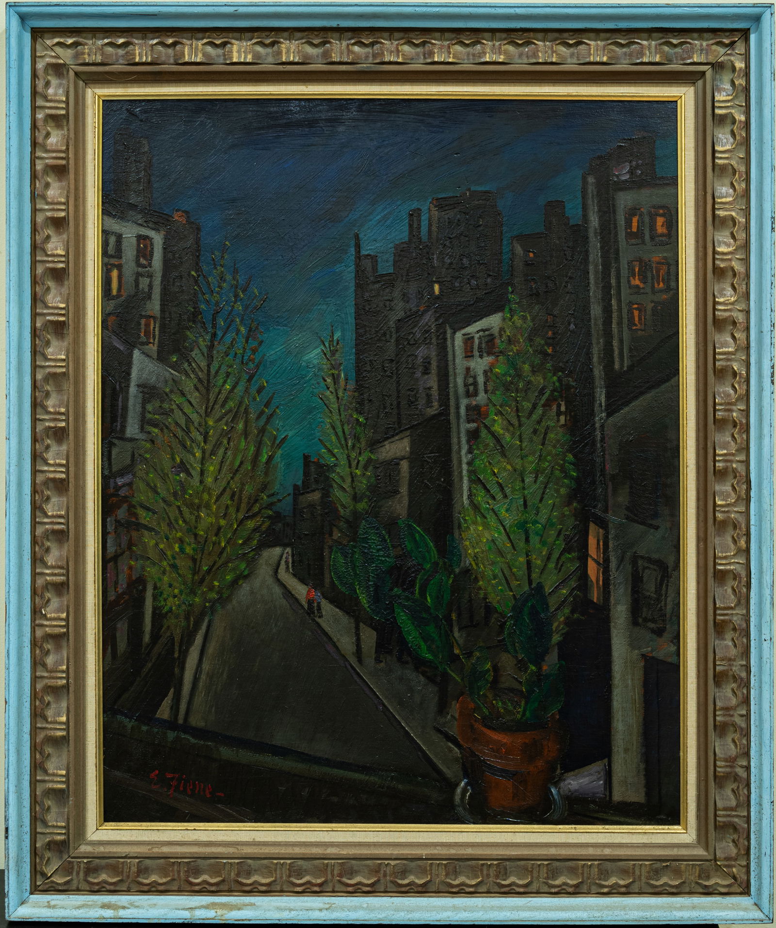 Ernest Fiene (New York 1894 - 1965) | Large Oil / Board.: Subject: New York City (Titled on Verso) Medium: Oil Painting On Board Size: 30 x 24 inches Frame: 37 x 31 inches Condition: Great Overall Condition Signature: Signed Lower Left. Provenance: Private C