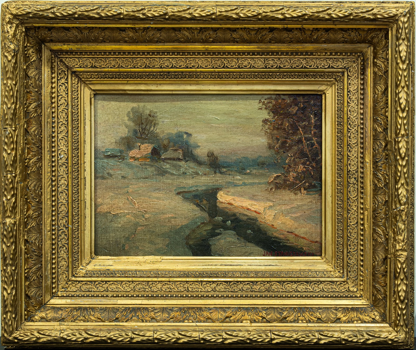 Jan Stanislawski (Poland 1860 - 1907) | Oil / Board.: Subject: Winter Scene Medium: Oil Painting On Board Size: 9 x 13 inches Frame: 17 x 21 inches Condition: Great Overall Condition Signature: Signed Lower Right. Provenance: Private Collection of Long I