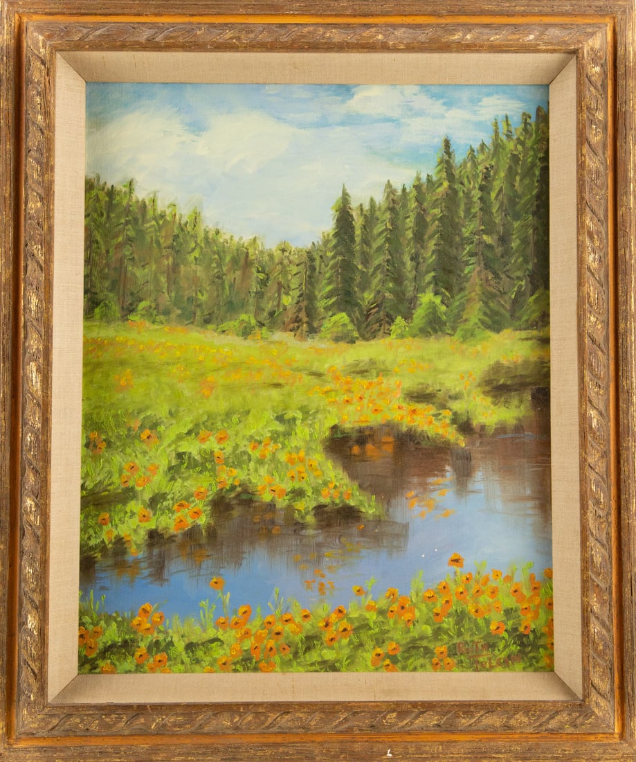 Ruth Tvician Landscape Oil On Board "River And Forest": Title: River And Forest Medium: Oil On Board Painting Size: 21.5" x 17.5" Frame Size: 25" x 21" Condition: This artwork is in good overall condition for its age. Signature: Signed Artist: Ruth Tvician