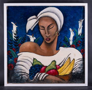 Contemporary Modernist Island Painting "African Lady with Fruits" Signed Charles Vernon Dated: Title: African Lady with Fruits Medium: Oil on Board Style: Modern/Island Size: 23 1/2" x 25" Frame Size: 25" x 26 1/2" Age: 2004 Condition: Good, no damage seen good condition for its age. Signature: