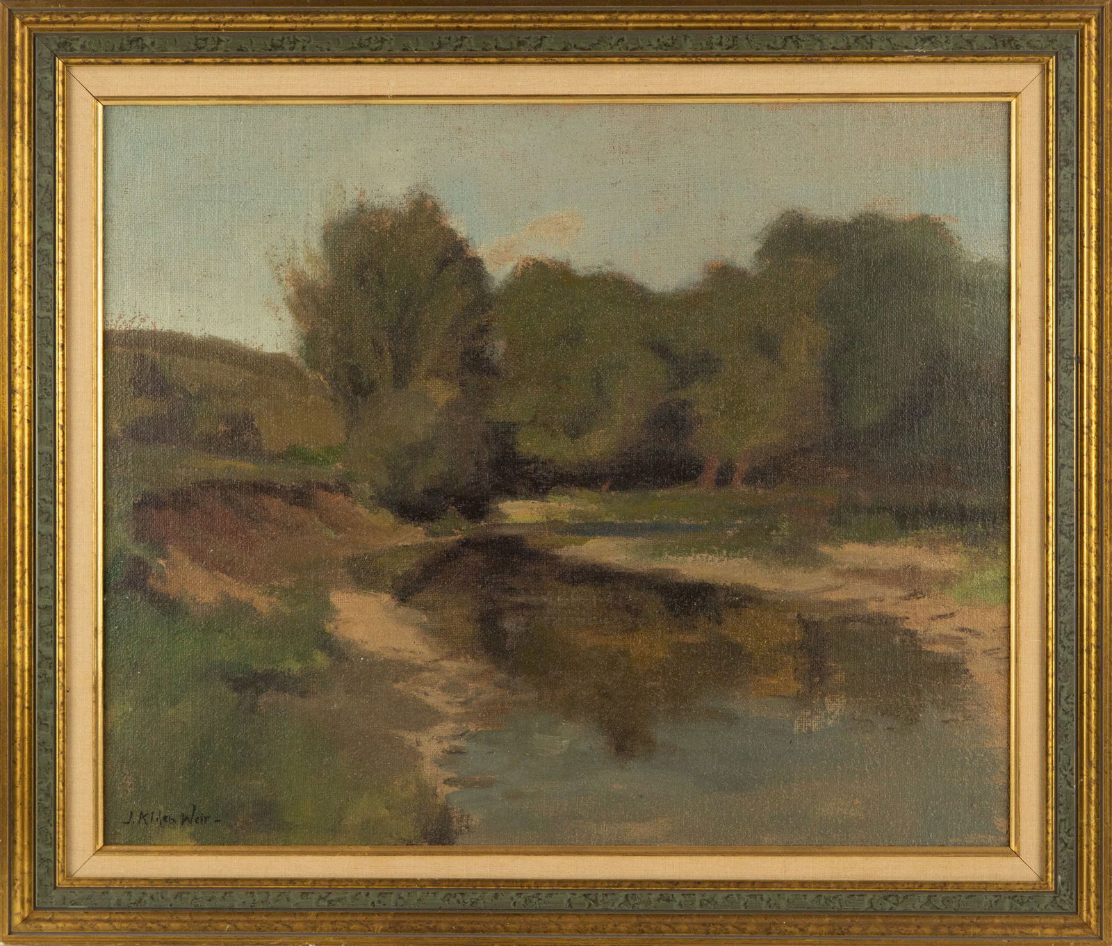 Julian Alden Weir (American, 1852-1919) Landscape Oil On Board: Medium: Oil On Board Painting Size: 17.5 x 21.5 inches Frame Size: 22 x 26 inches Condition: This artwork is in good overall condition for its age. Signature: Signed Artist: Julian Alden Weir (America