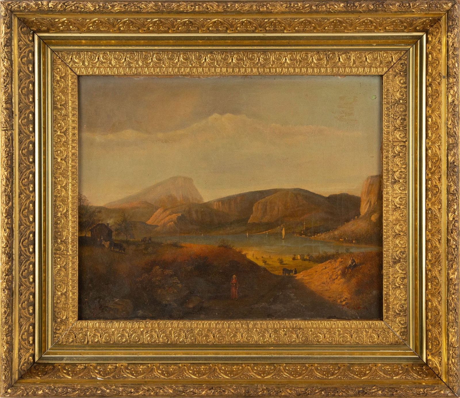Sanford Rodinson Gifford ( American, 1823 - 1880) Landscape Oil On Canvas: Medium: Oil On Canvas Painting Size: 15.75 x 19.75 inches Frame Size: 24 x 28 inches Condition: This artwork is in fair overall condition for its age, please note the pigment appear cracked and fall f