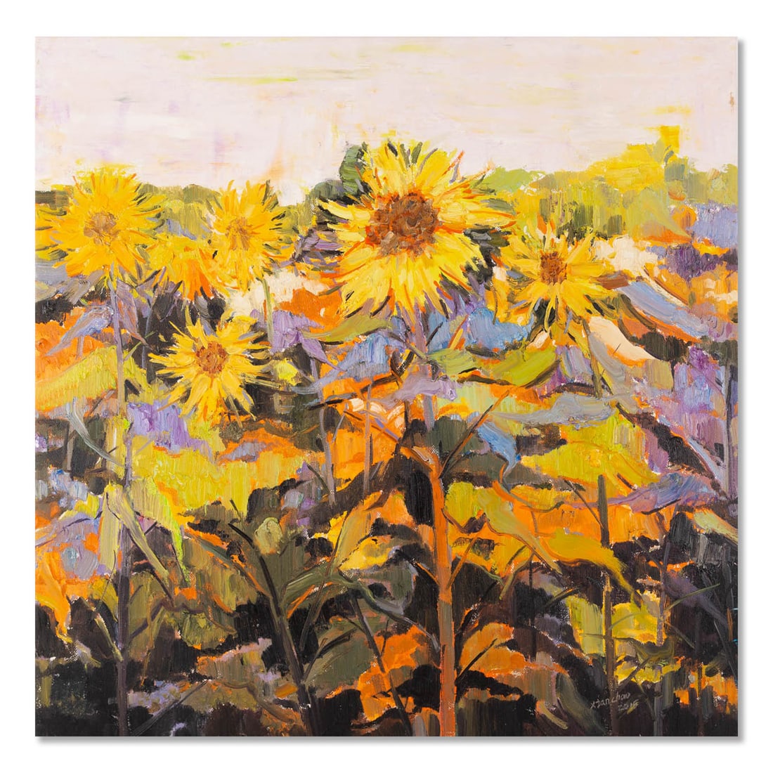Xianchao He Impressionist Original Oil Painting "Sunflower": Title: Sunflower Medium: Oil on canvas Size: 23 x 23 inches Frame: Framing options available! Condition: The painting appears to be in excellent condition. Year: 2000 Circa Artist: Xianchao He Signatu