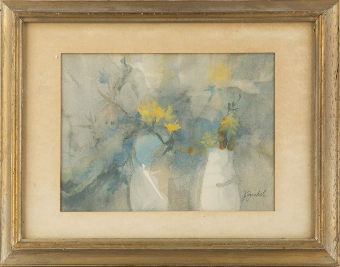 J Zankel Impressionist Watercolor "Yellow Flower In Vases": Title: Yellow Flower In Vases Medium: Watercolor Painting Size: 9.5" x 11" Frame Size: 14.5" x 18" Condition: This artwork is in good overall condition for its age. Signature: Signed Artist: J Zankel 