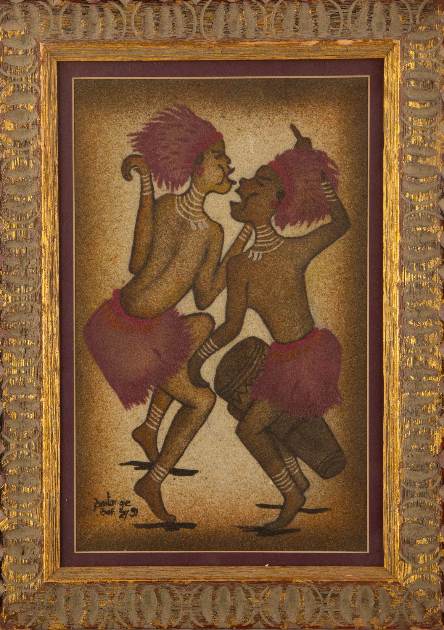 Partm ge. BoF Z/09 African Modernist Art Mixed Media "African Dance": Title: African Dance Medium: Mixed Media Painting Size: 16" x 10.5" Frame Size: 20.5" x 14.5" Condition: This artwork is in good overall condition for its age. Signature: Signed Artist: Partm ge. BoF 