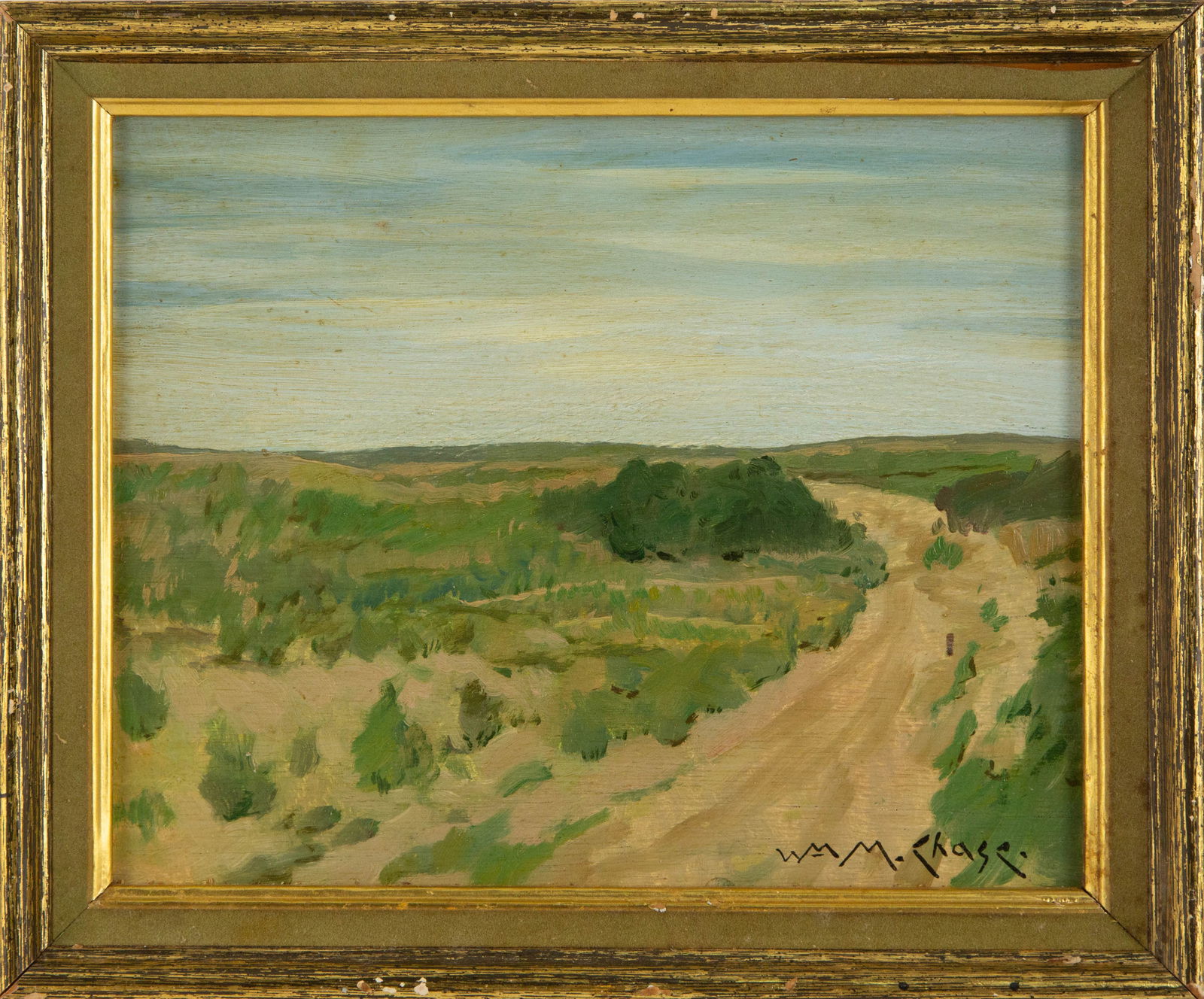 William Merritt Chase (American, 1849 - 1916) Landscape Oil On Board: Medium: Oil On Board Painting Size: 8 x 10 inches Frame Size: 10 x 12 inches Condition: This artwork is in good overall condition for its age. Signature: Signed Artist: William Merritt Chase (American