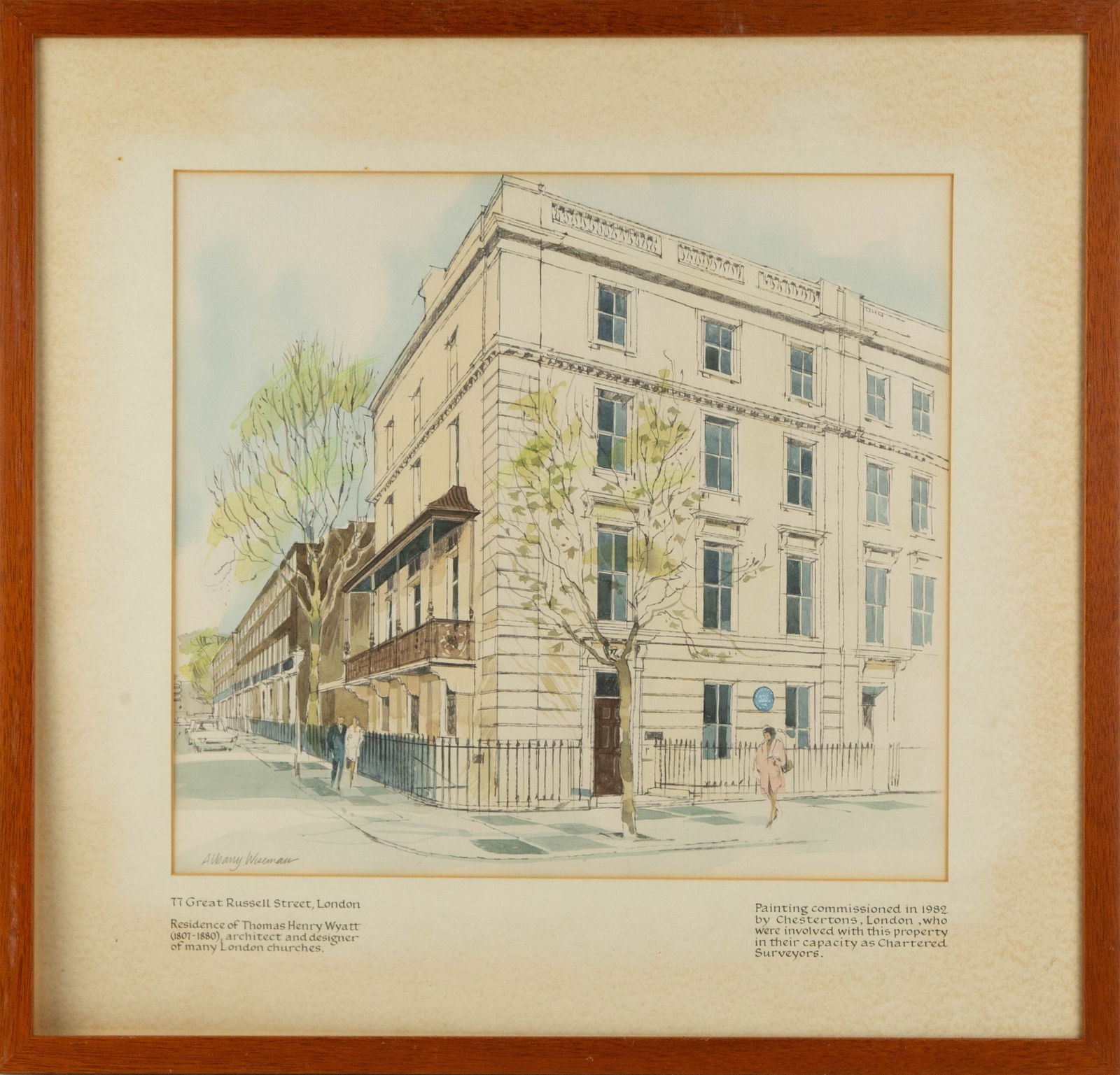 Albany Wiseman Landscape Watercolor "Residence of Thomas Henry Wyatt": Title: Residence of Thomas Henry Wyatt Medium: Watercolor Painting Size: 15" x 16" Frame Size: 22.5" x 23.5" Condition: This artwork is in good overall condition for its age. Signature: Signed Artist: