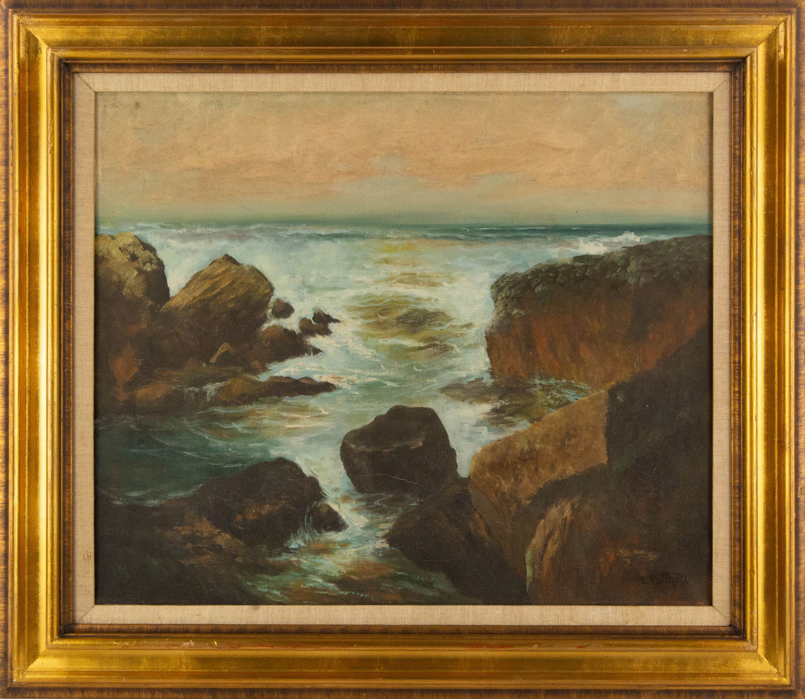 Edward Henry Potthast ( American, 1857-1927 ) Waterscape Oil On Canvas: Medium: Oil On Canvas Painting Size: 20 x 24 inches Frame Size: 27 x 31 inches Condition: This artwork is in good overall condition for its age, through the lower right show sign of small broken canva