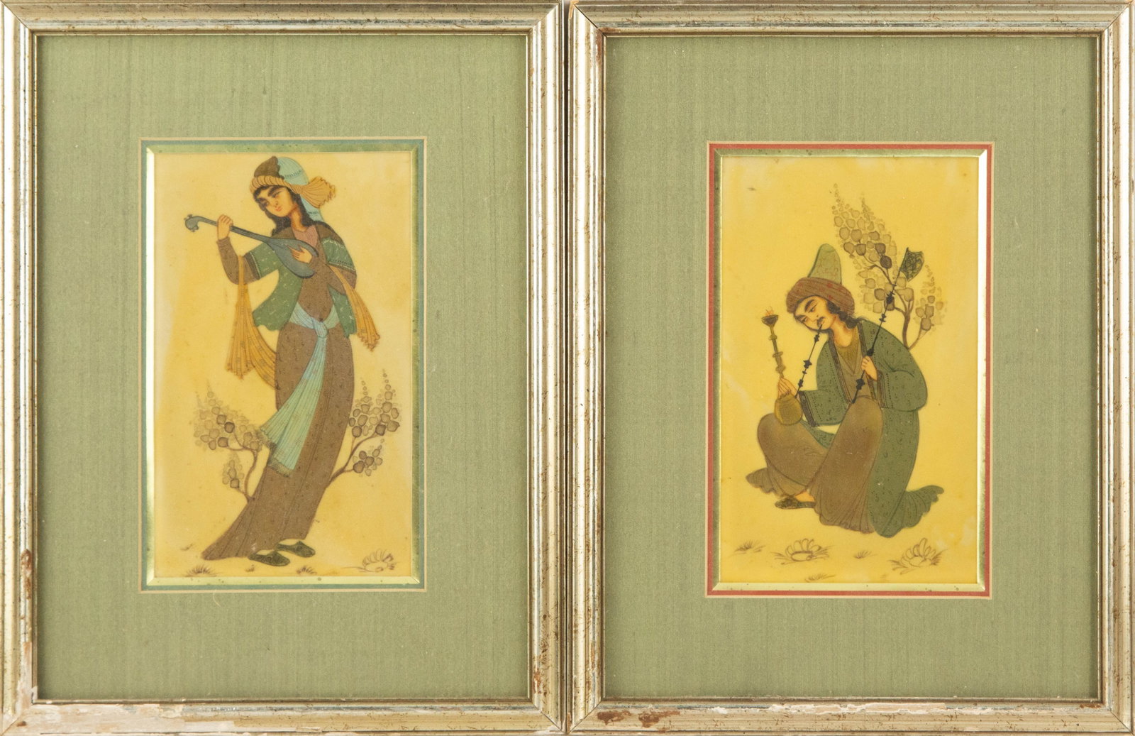 Portrait Mixed Media "Persian Miniature Pair 1": Title: Persian Miniature Pair 1 Medium: Mixed Media Painting Size: 8" x 5" Frame Size: 13" x 10" Condition: This artwork is in good overall condition for its age. Signature: Unsigned Artist: Unclear Y