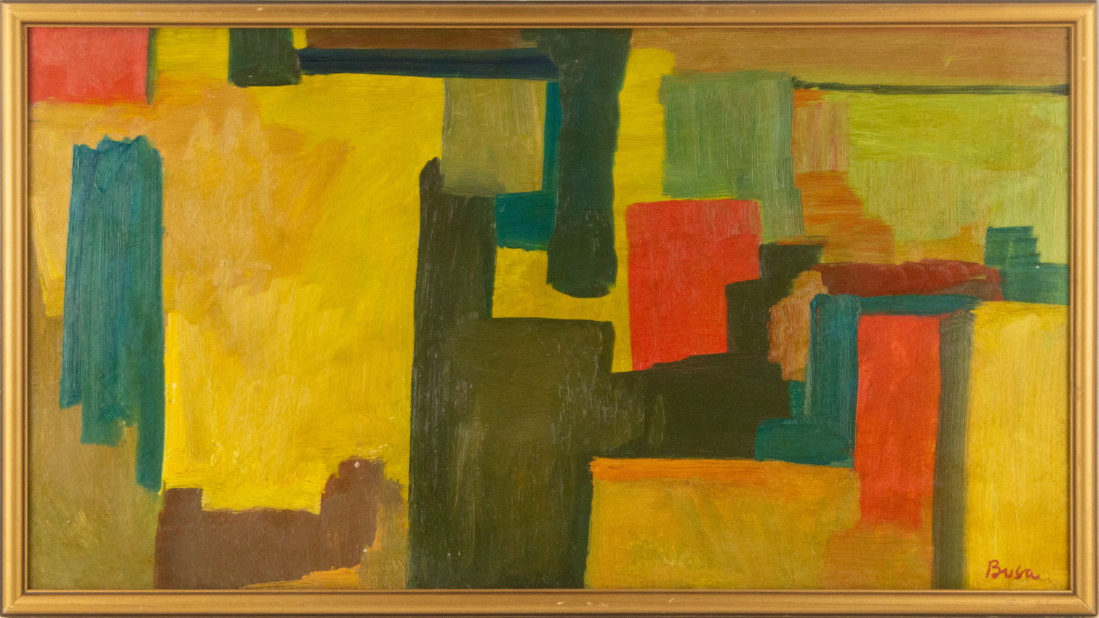 Peter Busa (1914 - 1985) Abstract Oil On Board: Medium: Oil On Board Style: Abstract Painting Size: 17.5 x 32 inches Frame Size: 18.75 x 33.25 inches Condition: This artwork is in good overall condition for its age. Signature: Signed Artist: Peter