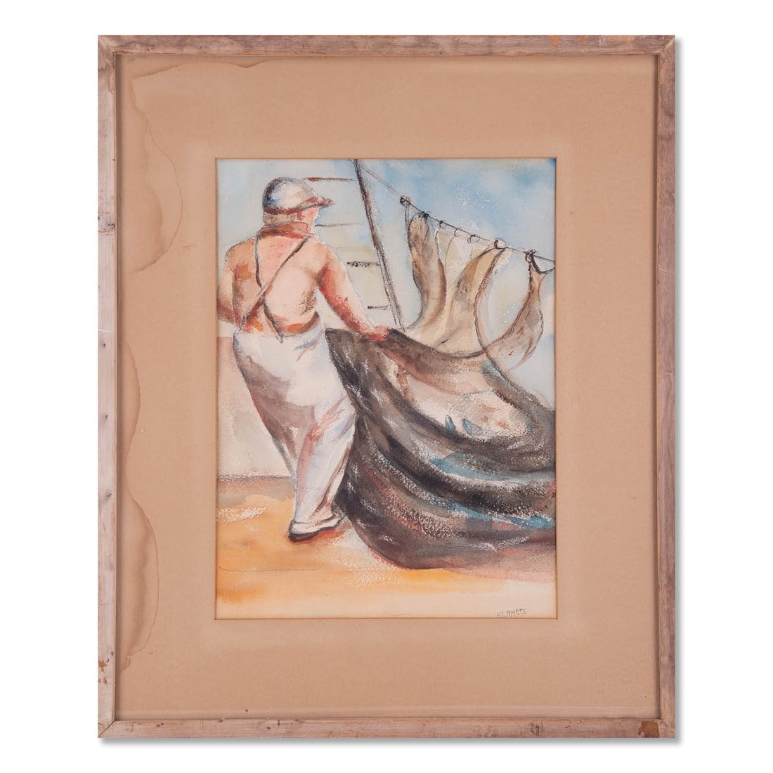 Mid Century Original Watercolor On Paper "Fisherman": Title: Fisherman Medium: Watercolor on paper Style: Impressionist Size: 15 1/2" x 11 1/2" Frame Size: 23 1/2" x 19 1/2" Age: 1950s Condition: Good overall condition for its age, Signature: H. C. Myers