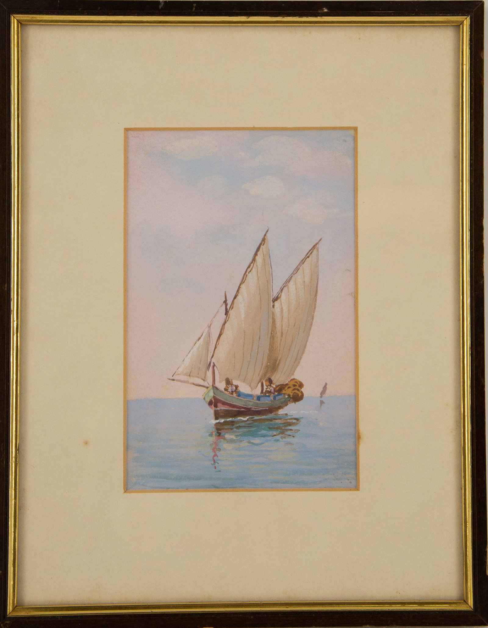 Waterscape Watercolor "Sail On The Ocean": Title: Sail On The Ocean Medium: Watercolor Painting Size: 6" x 4" Frame Size: 10.5" x 8" Condition: This artwork is in good overall condition for its age. Signature: Unsigned Artist: Unknown JZ240207