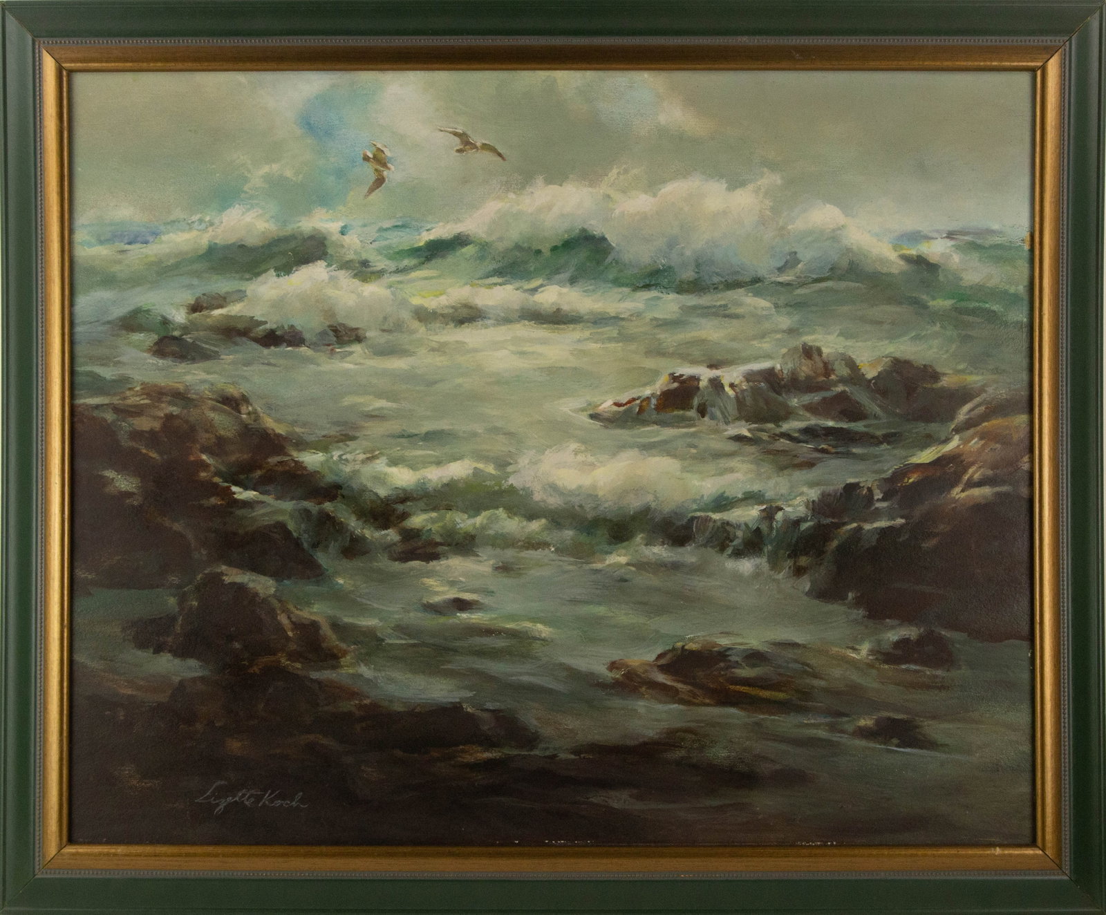 Lizette J Koch ( American, b.1909 ) Waterscape Oil On Board: Medium: Oil On Board Style: Waterscape Painting Size: 24 x 30 inches Frame Size: 28 x 34 inches Condition: This artwork is in good overall condition for its age. Signature: Hand-signed Artist: Lizette