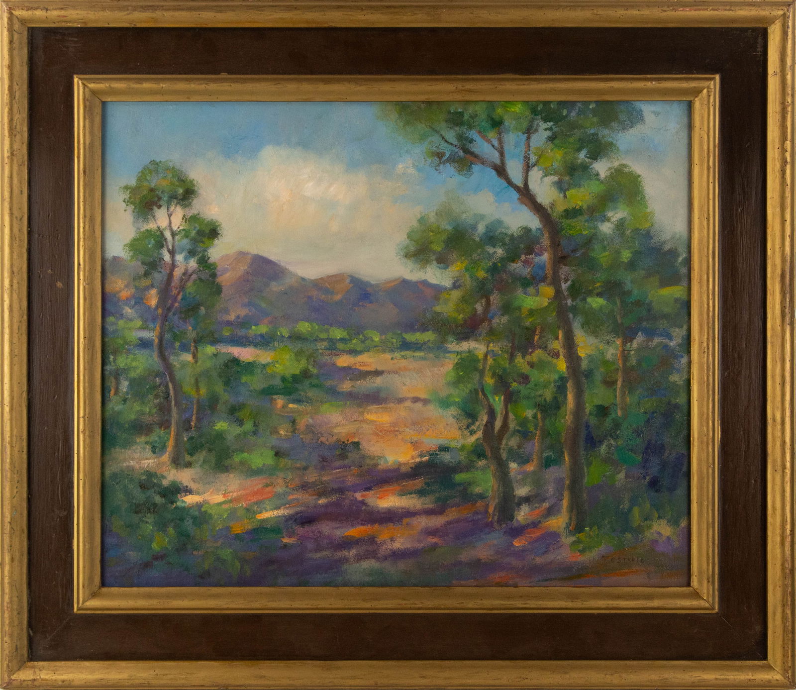 Theodore Clement Steele ( Americna, 1847-1926 ) Landscape Oil On Board: Medium: Oil On Board Style: Landscape Painting Size: 20 x 24 inches Frame Size: 27 x 31 inches Condition: This artwork is in good overall condition for its age. Signature: Hand-signed Artist: Theodore