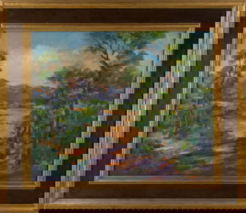 Theodore Clement Steele ( Americna, 1847-1926 ) Landscape Oil On Board: Medium: Oil On Board Style: Landscape Painting Size: 20 x 24 inches Frame Size: 27 x 31 inches Condition: This artwork is in good overall condition for its age. Signature: Hand-signed Artist: Theodore