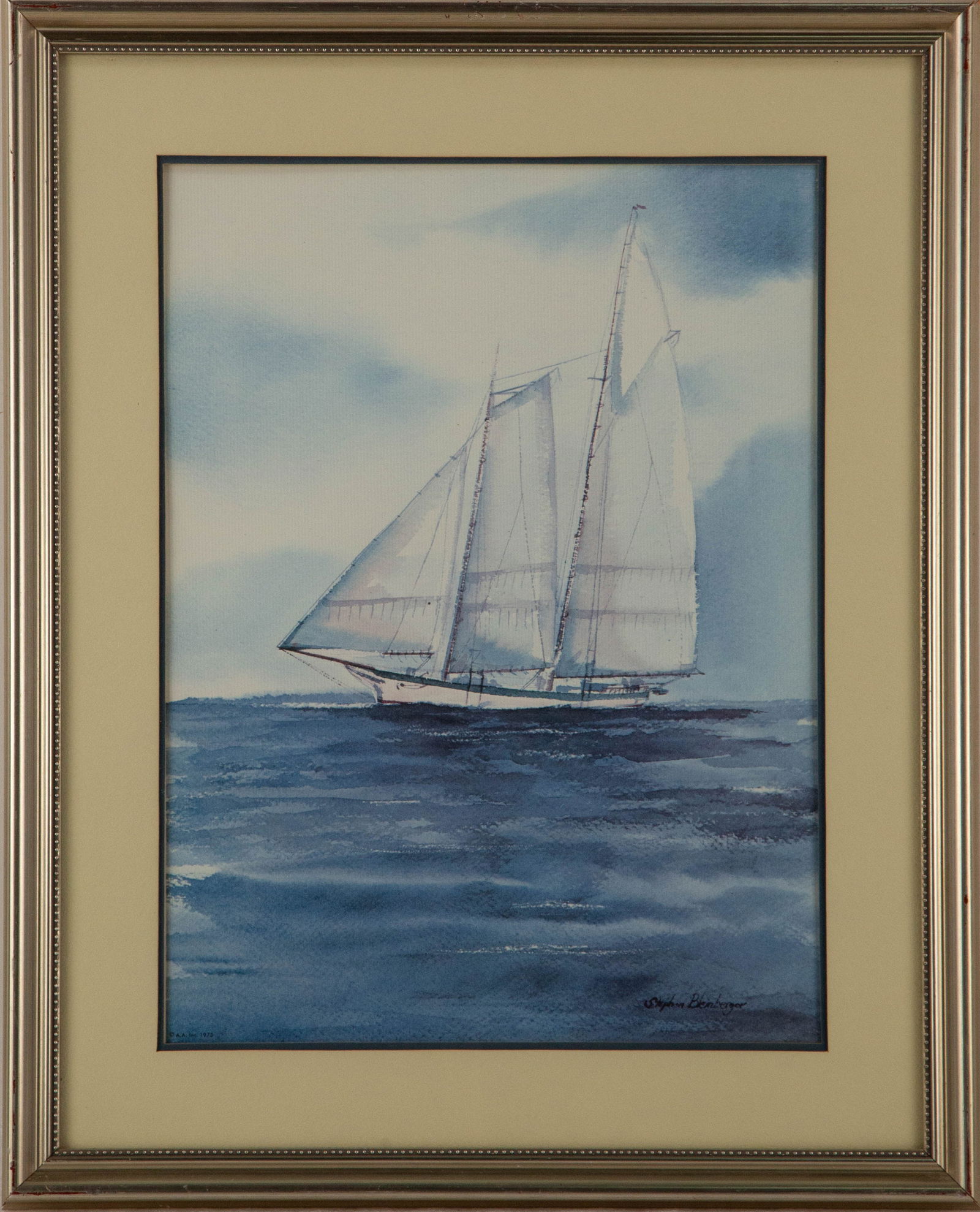 Stephen Bleinberger Waterscape Print "Full Sail": Title: Full Sail Medium: Print Painting Size: 16" x 12" Frame Size: 21.5" x 17" Condition: This artwork is in good overall condition for its age. Signature: Signed Artist: Stephen Bleinberger JZ240801