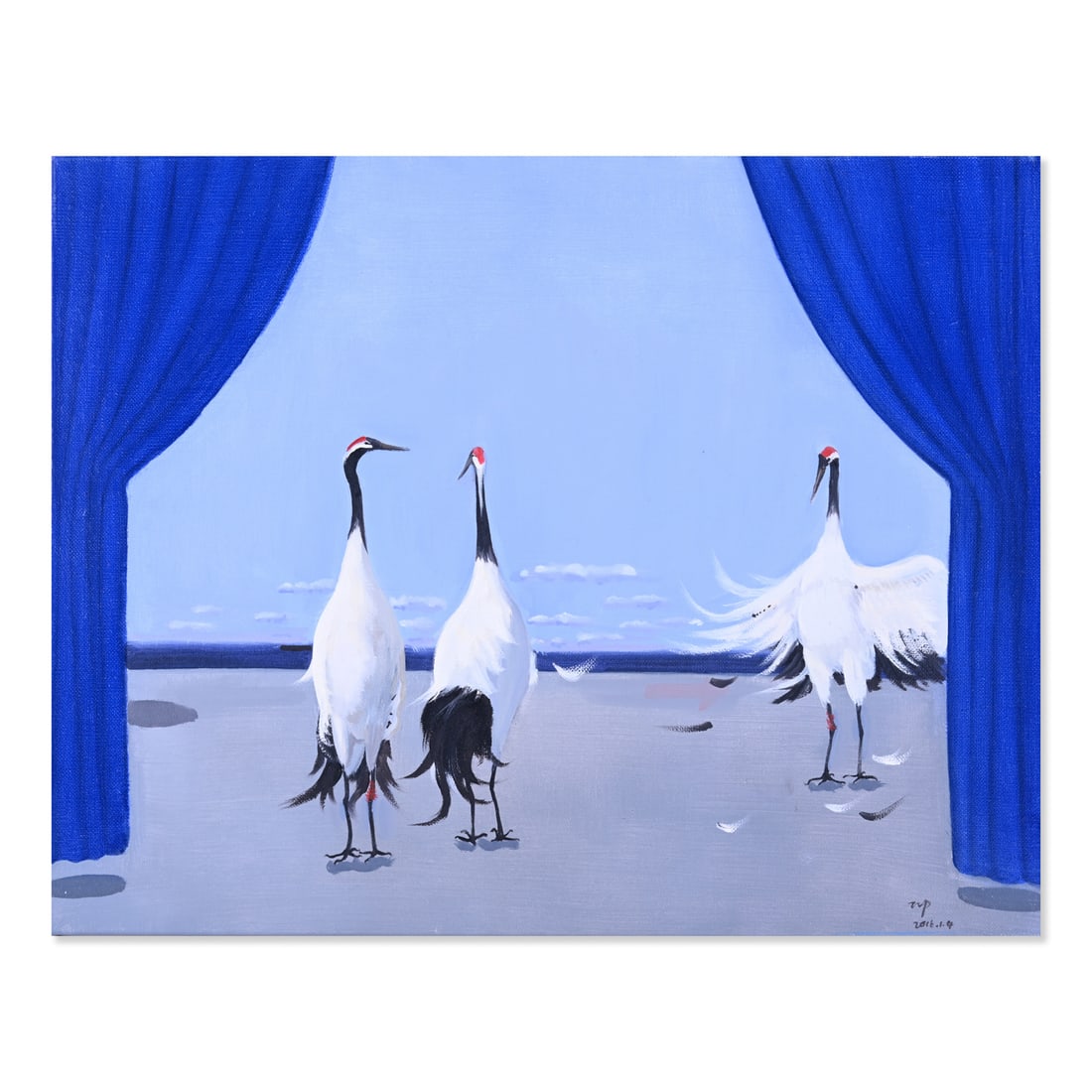 "Cranes 5" Original Surrealist Oil By Artist Zhenpeng Zhou: Title: Cranes 5 Medium: Oil on canvas Size: 15.5" x 19.5" Frame Size: Framing Option Available! Please Message Us For Details! Age: 2000s Condition: Good, no damage seen Artist: Zhenpeng Zhou Great fo