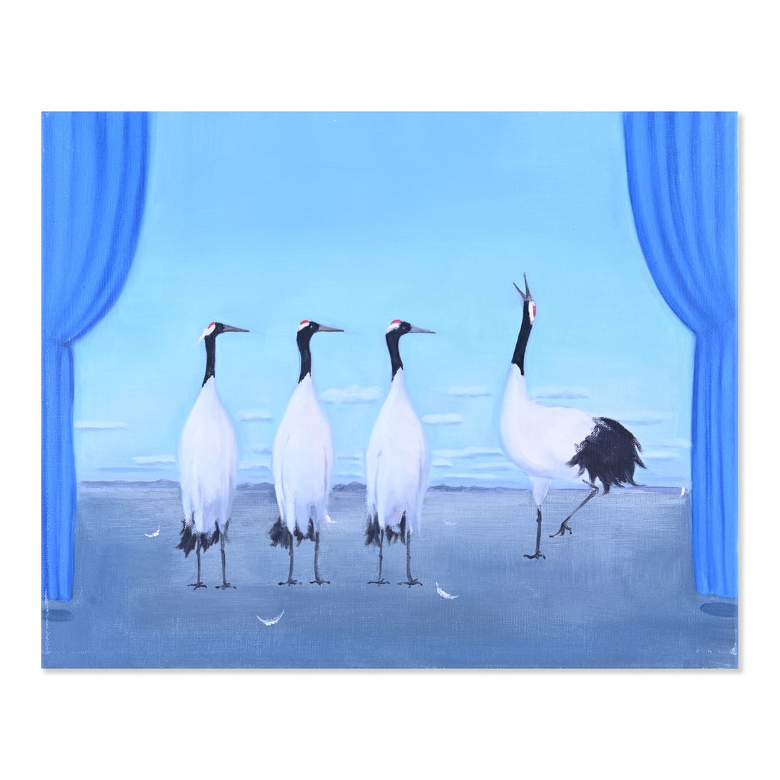 "Cranes 1" Surrealist Oil Painting By Artist Zhenpeng Zhou: Title: Cranes 1 Medium: Oil on canvas Size: 15.5" x 19.5" Frame Size: Framing Option Available! Please Message Us For Details! Age: 2000s Condition: Good, no damage seen Artist: Zhenpeng Zhou Great fo