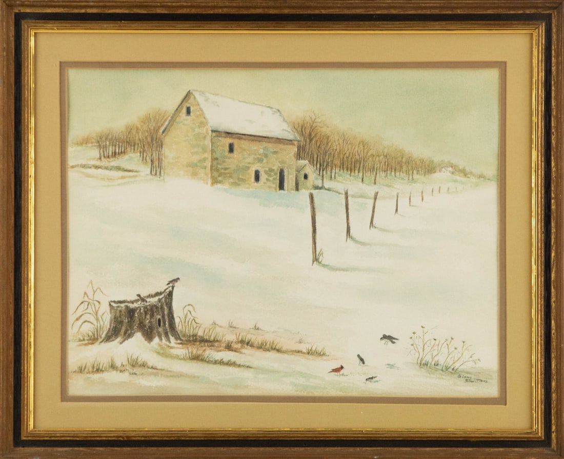 Ginny Schwitters Landscape Watercolor "Meal Time": Title: Meal Time Medium: Watercolor Painting Size: 13" x 17" Frame Size: 18" x 22" Condition: This artwork is in good overall condition for its age. Signature: Signed Artist: Ginny Schwitters JZ241003