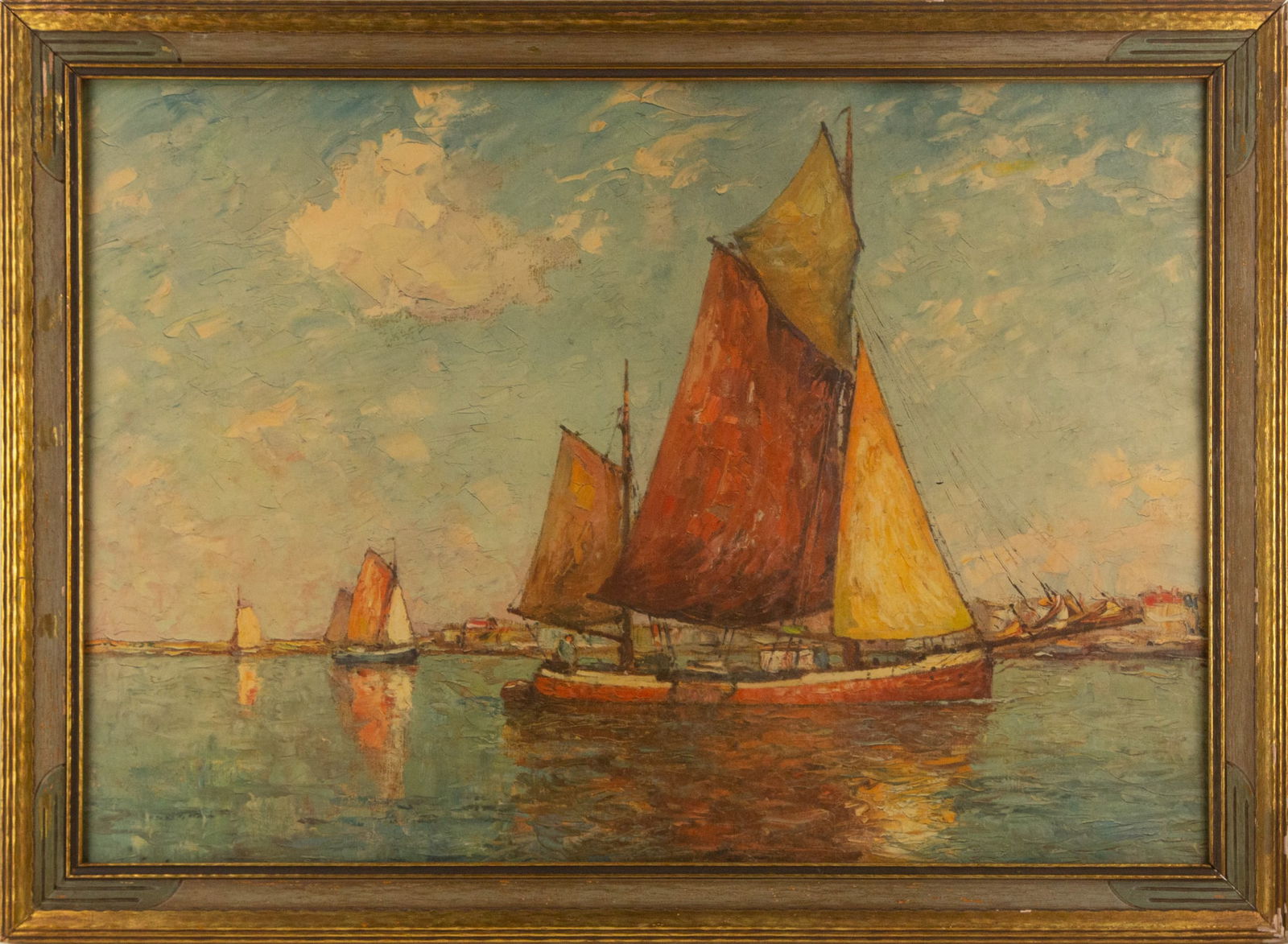 Edgar Alwin Payne ( American, 1883?1947 ) Impressionist Lithograph "Fishing Fleet": Title: Fishing Fleet Medium: Lithograph Painting Size: 21" x 30" Frame Size: 24.5" x 33.5" Condition: This artwork is in good overall condition for its age. Signature: Unsigned Artist: Edgar Alwin Pay