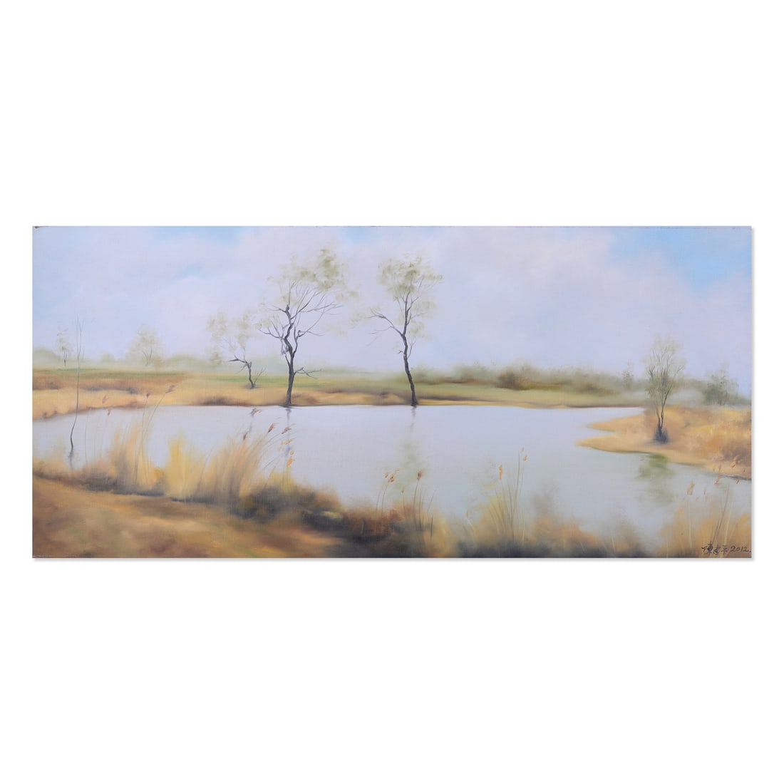 Large Plein Air Original Oil "Landscape 10/14": Title: Landscape 0/14 Medium: Oil on canvas Size: 21" x 44.5" Frame Size: Framing Option Available! Please Message Us For Details! Age: 2000s Condition: Good, no damage seen Artist: Jianping Chen Grea