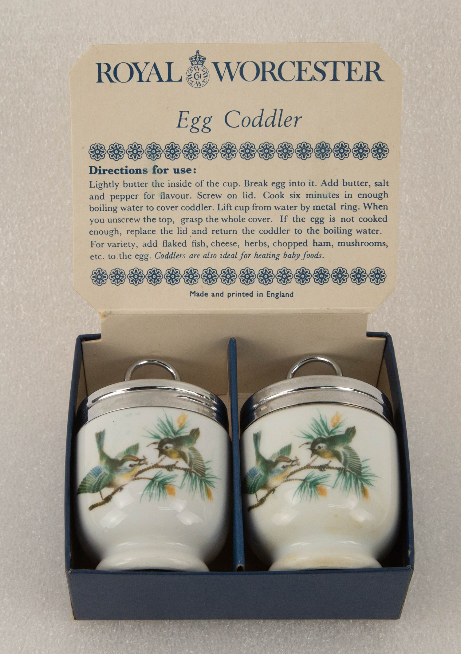 Pair of Royal Worcester Egg Coddler Made In England: Each Item Size: H 3.5 x D 2 inches Condition: Good overall condition for its age. Shipping: shipping rates are determined by the distance from the auction site. JZD250200759 Bidders need to know All t
