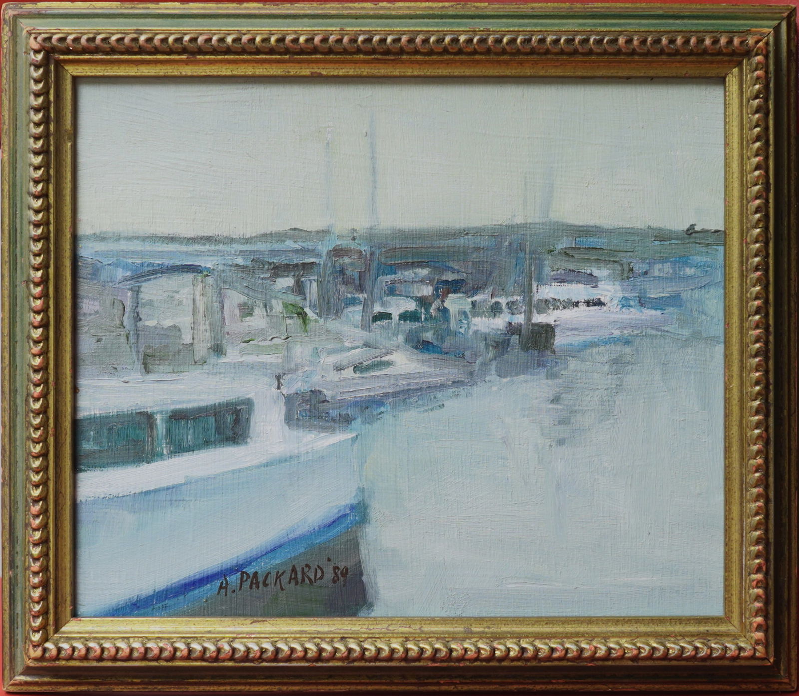 Anne Packard (Born 1933) Oil on Board: Subject: Port Scene Medium: Oil Painting on board Size: 8 x 9 inches Frame: 10 x 11 inches Condition: Great Overall Condition Signature: Signed Lower left. Provenance: Private Collection of Long Islan