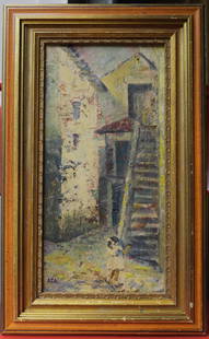 Krishna Hawlaji Ara (1914 - 1985) Oil on Board: Subject: Street Scene Medium: Oil Painting On Board Size: 14 x 7 inches Frame: 18 x 11 inches Condition: Great Overall Condition Signature: signed lower left. Provenance: Private Collection of New