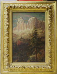Albert Bierstadt (1830 - 1902) Oil on Board: Subject: Mountain Landscape Medium: Oil on Board. Size: 18 x 12 inches Frame: 26 x 20 inches Condition: Great Overall Condition Signature: Signed lower right. Provenance: Private Collection of Long