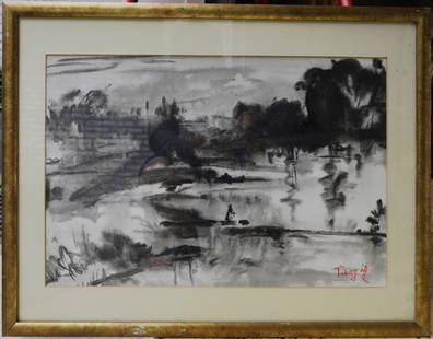 Haiwen Tang (1927/29 - 1991) Watercolor Ink on Paper: Subject: Chinese Landscape Medium: Watercolor Ink on Paper Size: 12 x 18 inches Frame: 17 x 22 inches Condition: Great overall condition. Signature: Signed lower right Provenance: Private Collection