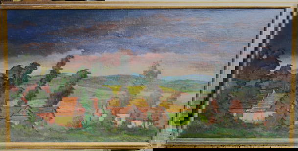 Marie Atkinson Hull (1890 - 1980) oil painting on canvas: Subject: Modernist Landscape Medium: oil painting on canvas Size: 17 x 36 inches Frame: 20 x 38 inches Condition: Great overall condition. Signature: Signed Lower left. Provenance: Private