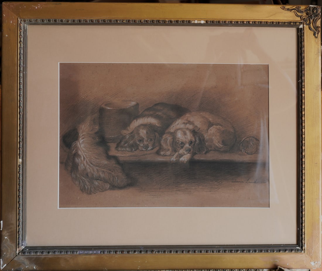 Edwin Henry Landseer (1802/03 - 1873) CHARCOAL ON PAPER: Subject: Dogs Medium: Charcoal on paper Size: 13 x 18 inches Frame: 24 x 28 inches Condition: Great Overall Condition Signature: Signed Lower right. Provenance: Private Collection of Long Island New Y