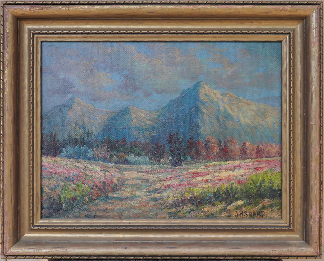 Joseph Henry Sharp (1859 - 1953) Oil on Board: Subject: Mountain View Medium: Oil on Board Size: 13 x 16 inches Frame: 16 x 20 inches Condition: Great Overall Condition Signature: Signed lower right. Provenance: Private Collection of New Jersey. J