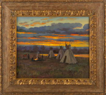 Joseph Henry Sharp ( American, 1859 - 1933 ) Landscape Oil On Board: Medium: Oil On Board Style: Landscape Painting Size: 16 x 19 inches Frame Size: 24 x 26.75 inches Condition: This artwork is in good overall condition for its age. Signature: Hand-signed Artist: Josep