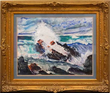 Lamar William Dodd (1909 - 1996) Georgia Artist Watercolor On Paper: Subject: Breakers On Rocks Medium: Watercolor On Paper Size: 21 x 27 inches Frame: 32.5 x 38.5 inches Condition: Great