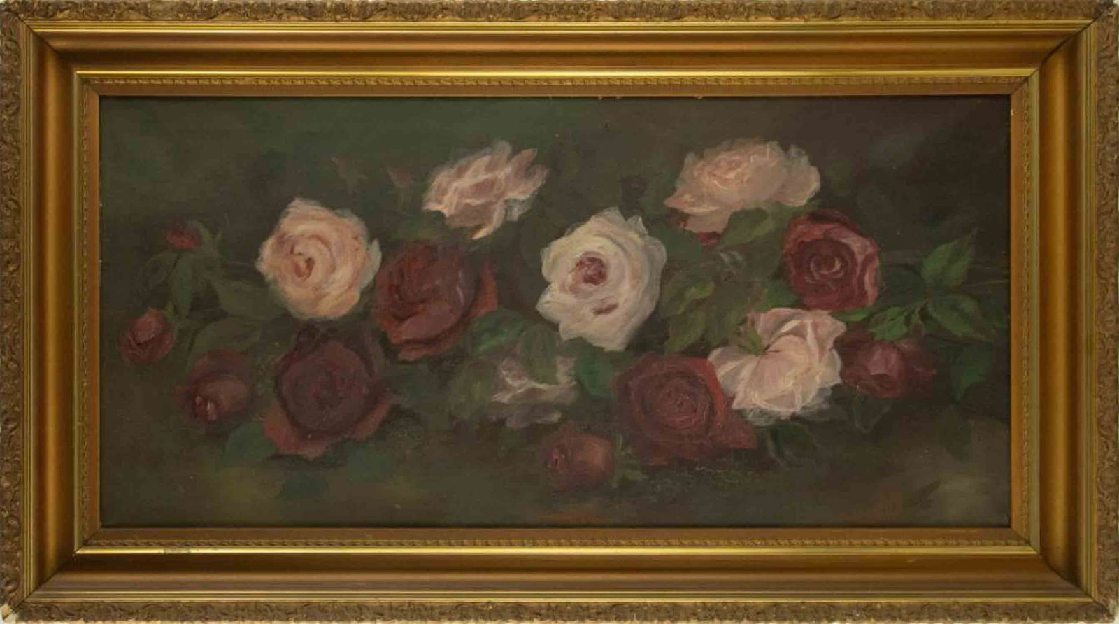 George Cochran Lambdin Floral Oil On Canvas: Medium: Oil On Canvas Style: Floral Painting Size: 17.5 x 36 inches Frame Size: 23.5 x 42 inches Condition: The painting is overall in a good condition, there are stains due to it's age, one tiny spot