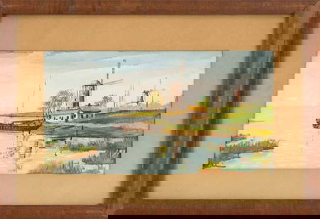 W.C.Hollunmy Landscape Gouache "Watersdie Windmill": Title: Watersdie Windmill Medium: Gouache Painting Size: 6" x 11.5" Frame Size: 11" x 16" Condition: This artwork is in good overall condition for its age. Signature: Signed Artist: W.C.Hollunmy Bidde