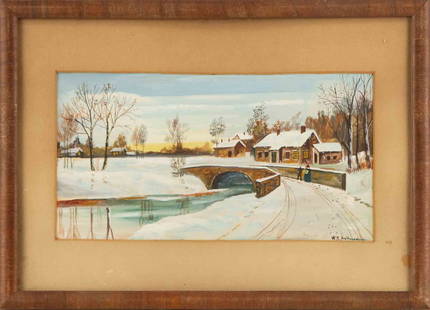 W.C.Hollunmy Landscape Gouache "Snow Bridge": Title: Snow Bridge Medium: Gouache Painting Size: 6" x 12" Frame Size: 11.5" x 16" Condition: This artwork is in good overall condition for its age. Signature: Signed Artist: W.C.Hollunmy Bidders need