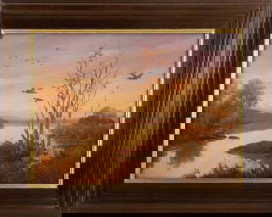 Landscape Print "Sunset Moment": Title: Sunset Moment Medium: Print Painting Size: 12" x 16" Frame Size: 16" x 20" Condition: This artwork is in good overall condition for its age. Signature: Unsigned Artist: Unclear Bidders need to