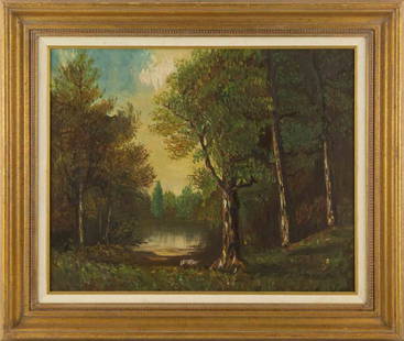 Landscape Oil On Canvas "Tranquility Forest": Title: Tranquility Forest Medium: Oil On Canvas Painting Size: 16" x 20" Frame Size: 21.75" x 25.75" Condition: This artwork is in good overall condition for its age. Signature: Signed Artist: F. Feld
