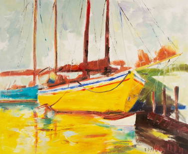 Dingyan E Waterscape Original Oil On Canvas "Mooring Series I": Title: Mooring Series I Medium: Oil on canvas Size: 19 x 23 inches Frame: Framing options available! Condition: The painting appears to be in excellent condition. Note: This painting is unstretched,sh