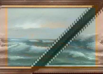 Waterscape Oil On Board "Rolling Waves": Title: Rolling Waves Medium: Oil On Board Painting Size: 35.5" x 23.5" Frame Size: 30" x 42" Condition: This artwork is in good overall condition for its age. Signature: Signed Artist: Unclear Bidders