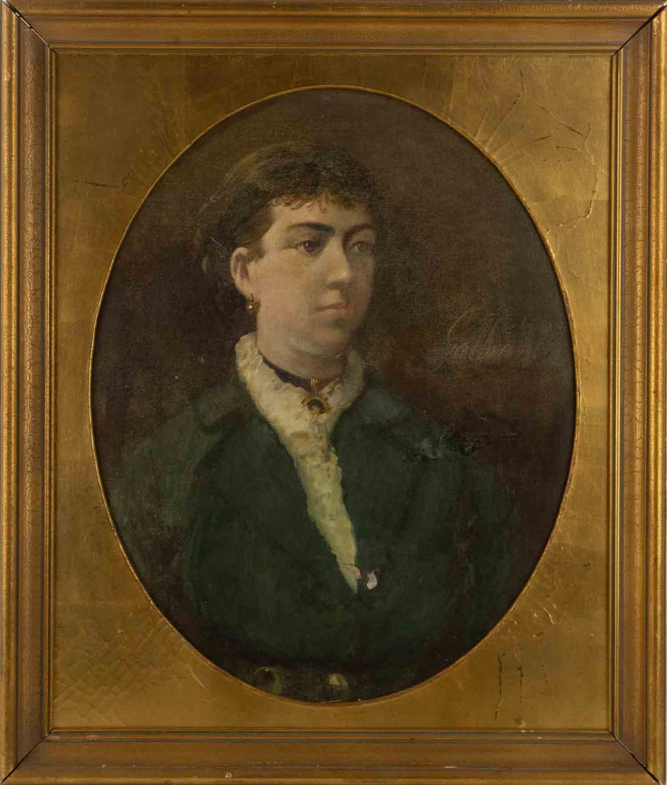 Portrait Oil On Canvas "Lady With Blue Coat": Title: Lady With Blue Coat Medium: Oil On Canvas Painting Size: 24" x 19.5" Frame Size: 27" x 23" Condition: This artwork is in fair condition for its age, although please note there are scratches and