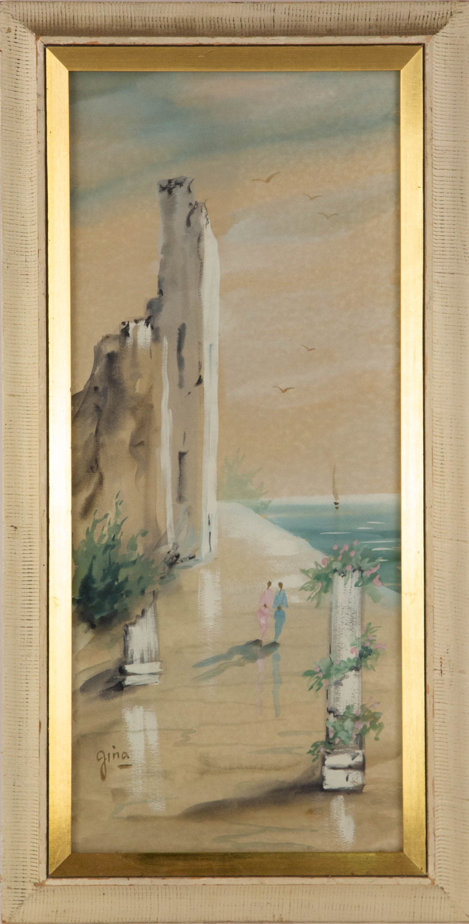 Gina Landscape Watercolor "Morning": Title: Morning Medium: Watercolor Painting Size: 24" x 11" Frame Size: 27" x 13.5" Condition: This artwork is in good overall condition for its age. Signature: Signed Artist: Gina JZ24070119 Bidders n