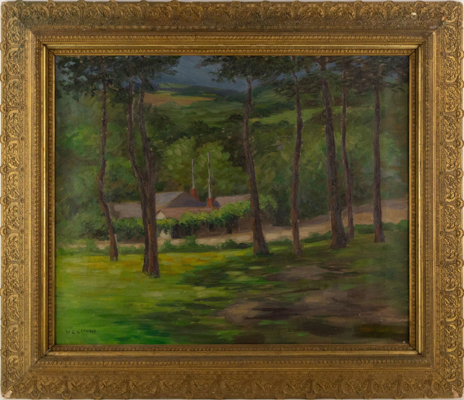 William Langson Lathrop ( 1859 - 1938 ) Landscape Oil On Canvas: Medium: Oil On Canvas Style: Landscape Painting Size: 22 x 26.5 inches Frame Size: 29.5 x 34.25 inches Condition: This artwork is in good overall condition for its age. Signature: Signed Artist: Willi