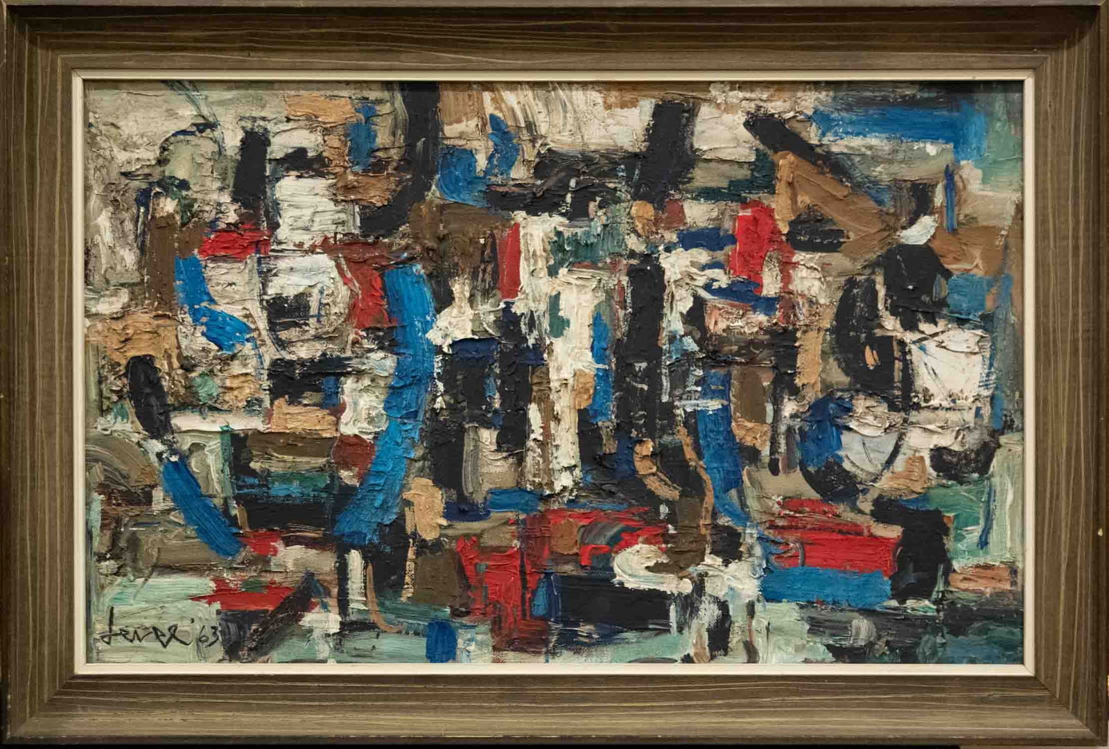 John Harrison Levee (1924 - 2017) California Artist Oil On Canvas: Subject: Composition Medium: Oil On Canvas Size: 21.5 x 13.5 inches Frame: 24.5 x 16.5 inches Condition: Great overall for its age. Signature: Signed lower left John Harrison Levee (1924 - 2017) Jo