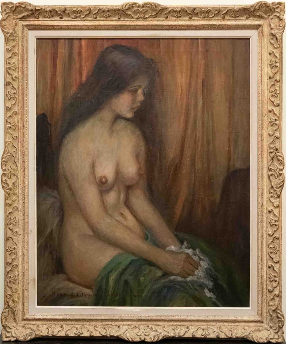 Howard Chandler Christy (1872 - 1952) NY, Ohio Artist Oil On Canvas: Subject: Nude Girl Medium: Oil On Canvas Size: 30 x 24 inches Frame: 36 x 30 inches Condition: Great overall for its age. small restoration patch Signature: Signed lower left Howard Chandler Christy (