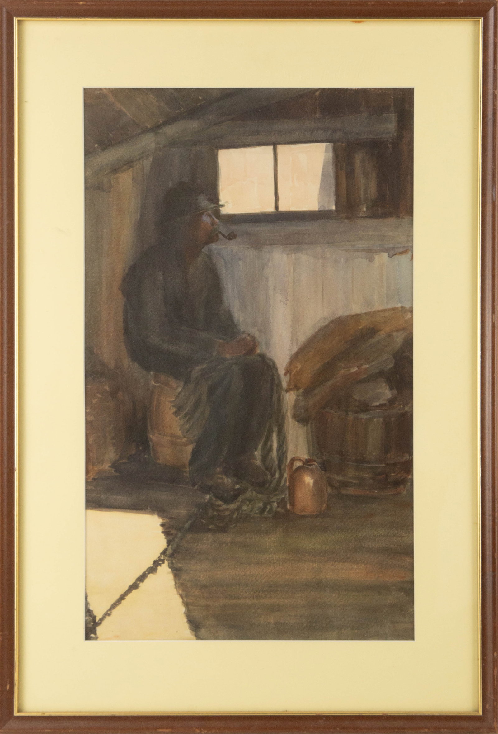 Portrait Watercolor "Looking By The Window": Title: Looking By The Window Medium: Watercolor Painting Size: 21.5" x 12.5" Frame Size: 28" x 19" Condition: This artwork is in great overall condition for its age. Signature: No Signature Artist: Un