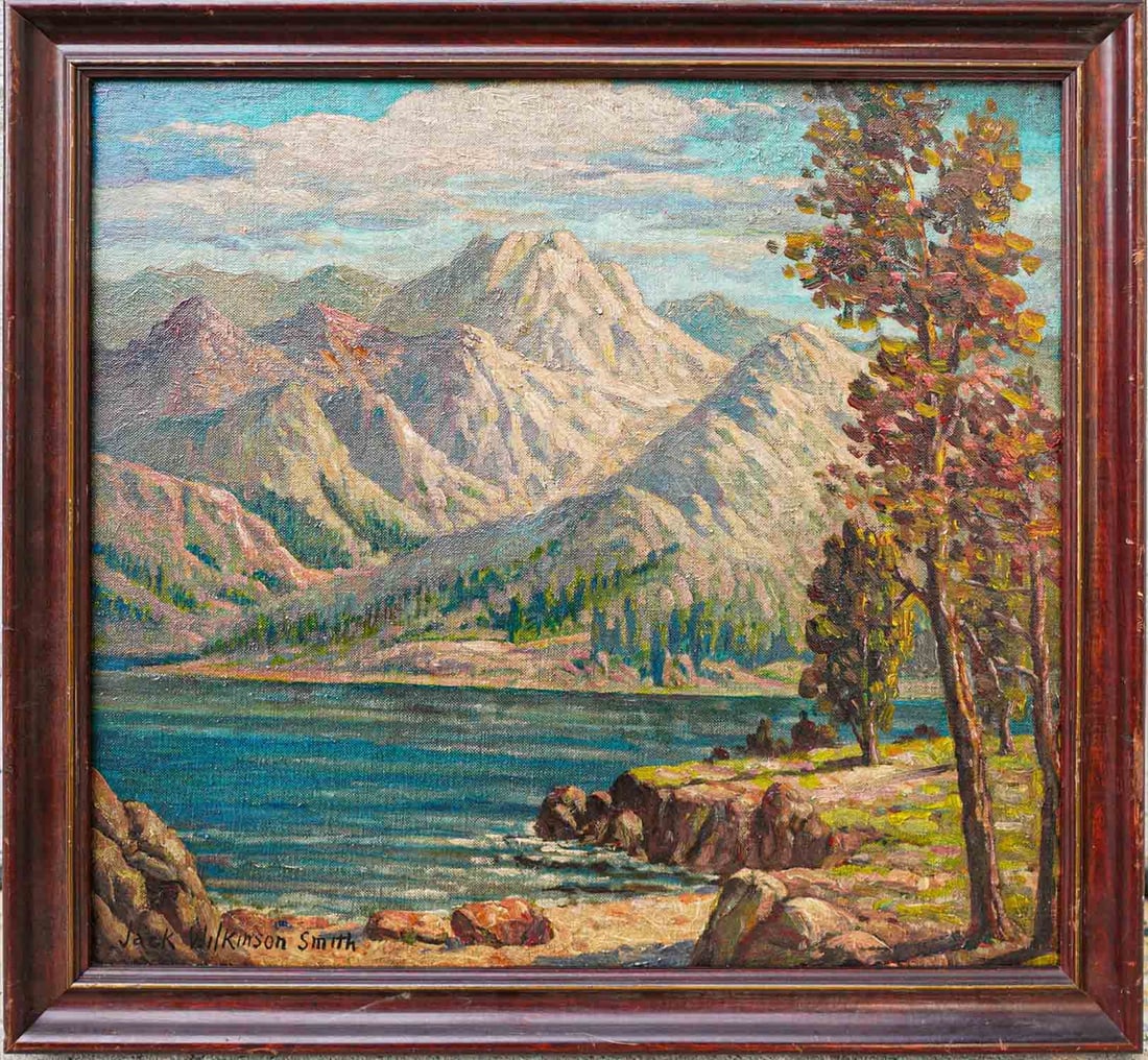 Jack Wilkinson Smith (1873 - 1949) Oil / Board: Subject: Mountain Landscape Medium: Oil on Board Size: 16 x 17 1/2 inches Frame: 18 1/2 x 20 inches Condition: Great overall condition. Signature: Signed lower left Provenance: Private Collection of N
